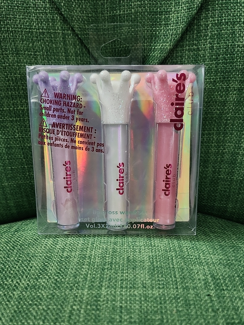 Claire's Sparkle Crown Lip Gloss Trio — Pink, White, Lavender